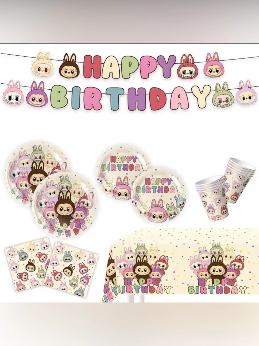Labubu Character Happy Birthday Party Set - Pastel Multicolor